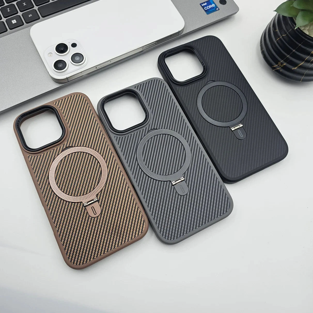 iPhone 14 Series Carbon Fibre With Magnetic Magsafe Ring Stand Case for ✔ iPhone 14 ✔ iPhone 14 Plus ✔ iPhone 14 Pro ✔ iPhone 14 Pro Max back cover